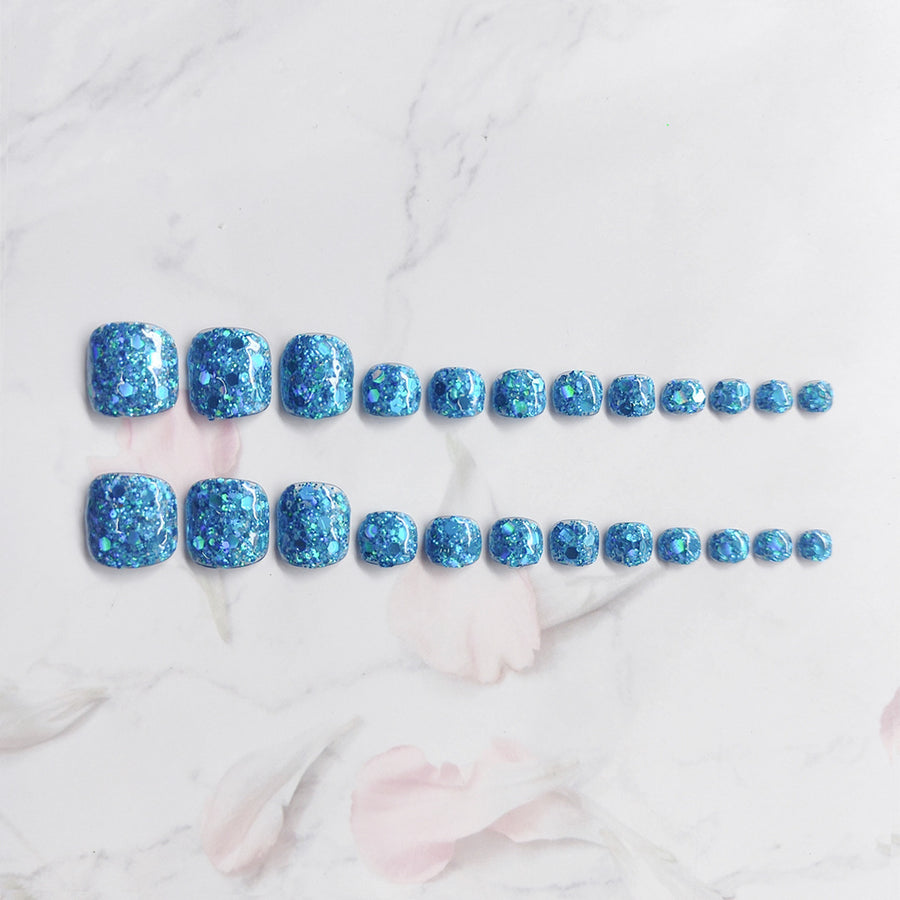 No.22 Blue Glitter Press on Toenail Patch 24pcs/Set